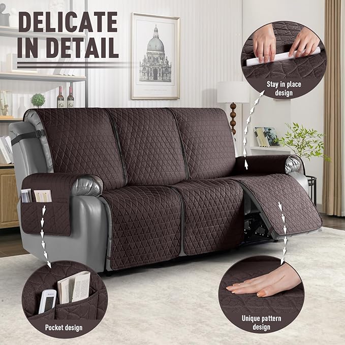 TAOCOCO 100% Waterproof Recliner Cover, Non-Slip Washable Reclining Couch Cover with Elastic Leg Straps, Furniture Protector for Dogs (Chocolate, 3 Seater) - Image 6