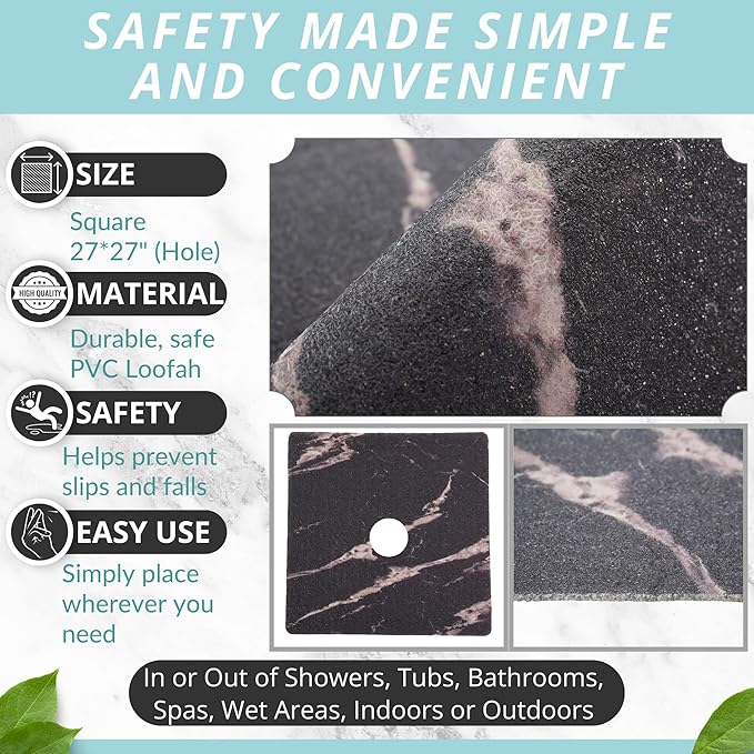 Enkosi Loofah Shower Mat with Drain Hole – Cushioned Anti-Slip Square Bath Mat for Showers, Wet Bathroom Floors – Textured PVC, Secure Non Slip Safety Pad for Walk-in Stalls (27x27 Marble Black) - Image 3