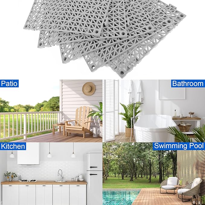 MYFAMIREA Modular Interlocking Cushion 12 Pack 11.8" x 11.8" Rubber Floor Tiles Non-Slip Splicing Drainage Mats for Deck, Pool, Outdoor Shower, Patio, Balcony, Indoor Bathroom, Kitchen, Yard (Gary) - Image 7