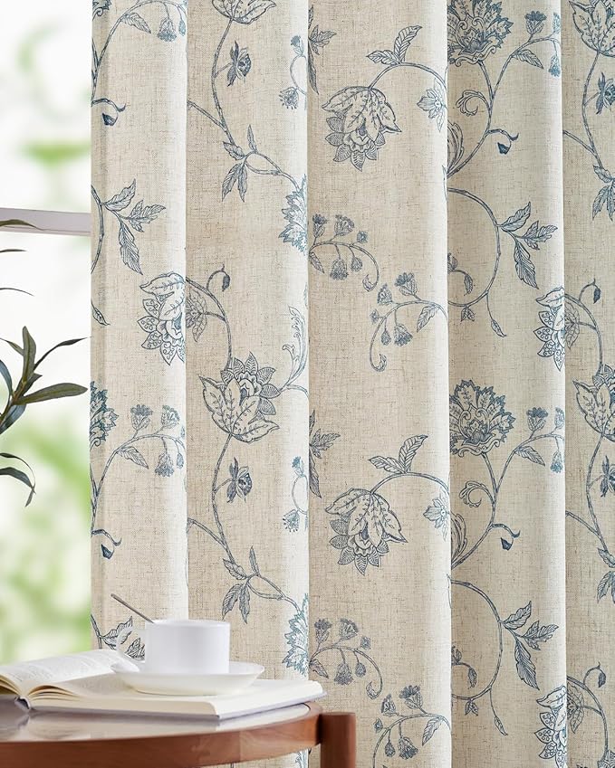 jinchan Linen Curtains Floral Curtains 96 Inch Length for Living Room Bedroom Light Filtering Rod Pocket Back Tab Jacobean Curtains Flax Linen Texture Window Drapes Set 2 Panels Blue on Linen by JINCHAN
