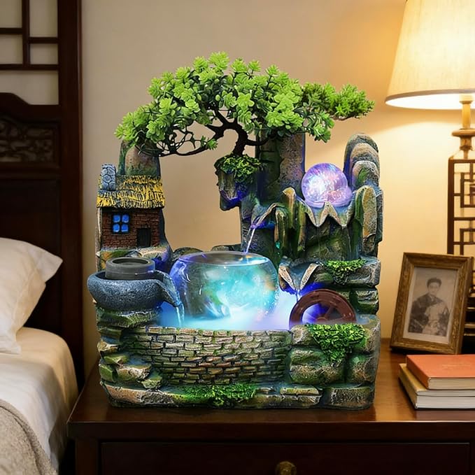Tabletop Waterfall Fountain Humidifier with LED Light and Atomizer, Water Fountains Indoor Home Decor or est Festival Birthday Surprise for Boys, 14 Inch Desktop Small Mini Bonsai - Image 2