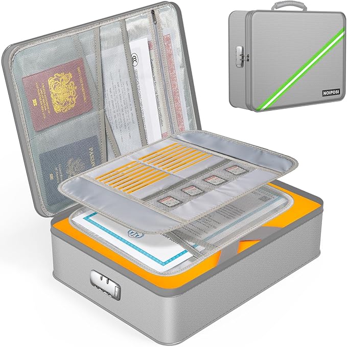 Noiposi Document Organizer with 5200℉ Heat Insulated,Waterproof and Fireproof Document Box,Portable Home Travel Safe Storage Box for Important Documents,File and Birth Certificate，Silver by Noiposi