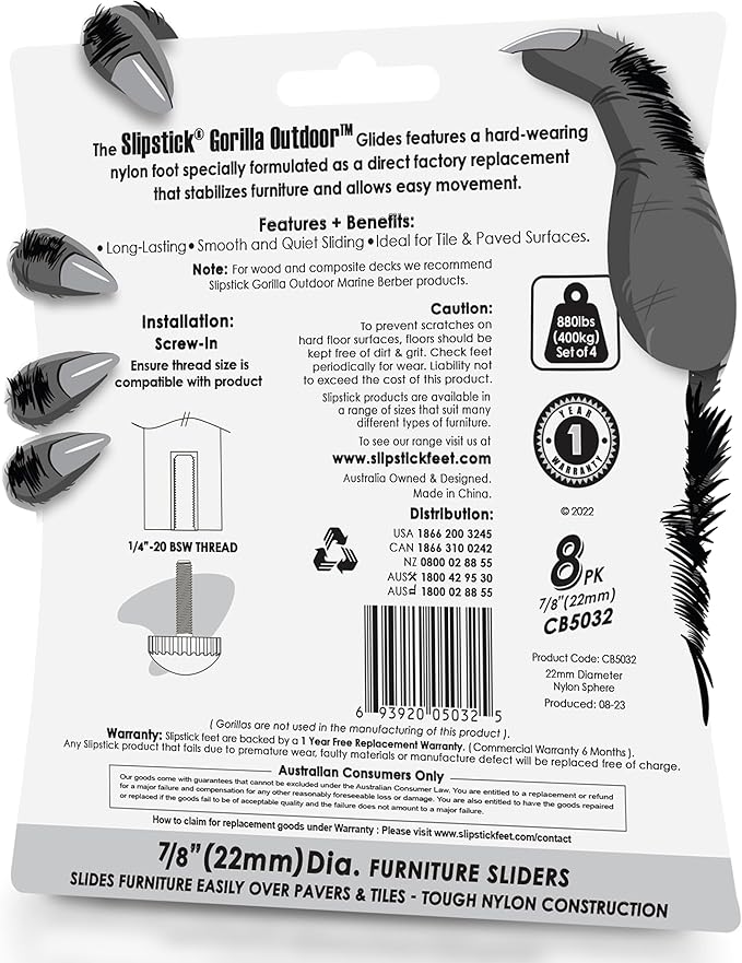 Slipstick Gorilla Outdoor Adjustable Furniture Levelers (8 Pack) Weatherproof Screw in Leg Glides for Chairs, Tables, and Outdoor Furniture Feet, 7/8 Inch Nylon Spherical Glide, 1/4"-20 BSW Thread - Image 7