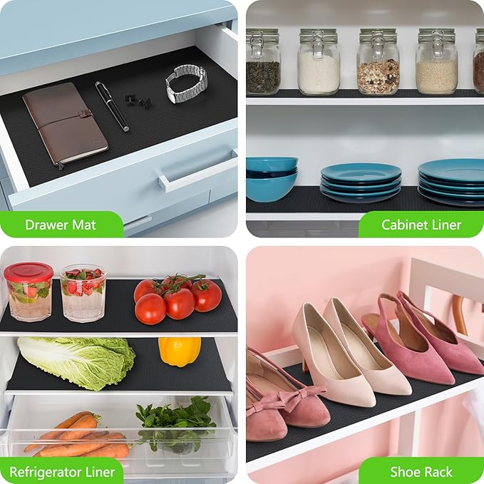 Black Shelf Liners for Kitchen Cabinets Non Adhesive Drawer Liner for Bathroom Waterproof Refrigerator Liners for Shelves Fridge Plastic Mats Cabinet Cupboard Liner 17.5 x 157.4 Inches - Image 2