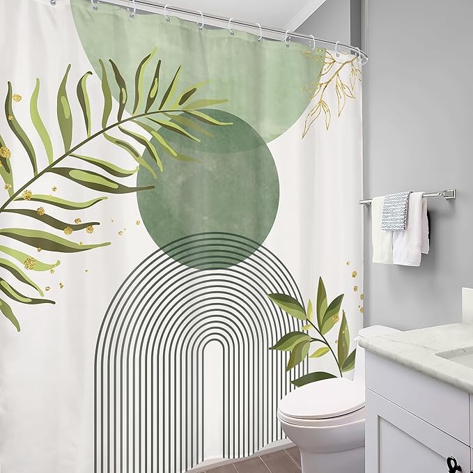 Sage Green Boho Shower Curtain 72Wx78H Modern Bohemian Abstract Leaves Olive Dark Green Mid Century Plant Bathroom Decor Minimalist Geometric Arch Bath Curtain Fabric Polyester 12 Pack Hooks - Image 4