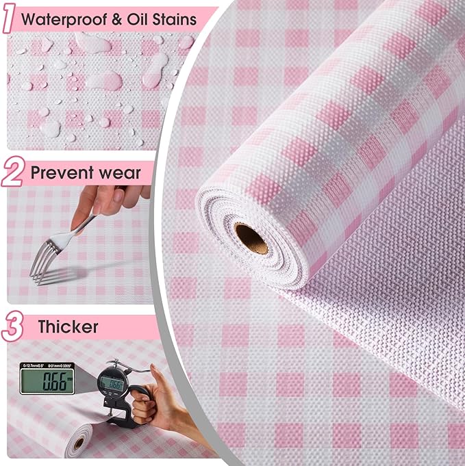 Drawer and Shelf Liner, Non-Slip Kitchen Cabinet Liners Non-Adhesive Thick Strong Grip Waterproof Washable Mats Protect Dresser Shelves Cupboard Bathroom Cabinets, Pink Plaid, 12 in X 20 FT - Image 5