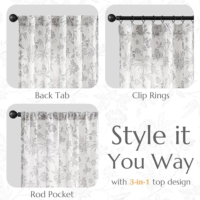 jinchan Linen Floral Curtains for Living Room, 96 Inch Length Curtains with Printed Flower Light Filtering Curtain, Rod Pocket Back Tab Gray Window Curtain Set 2 Panels Light Grey on White - Image 5