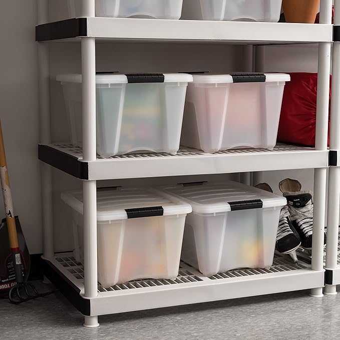 IRIS USA 32 Qt Stackable Plastic Storage Bins with Lids, 4 Pack - BPA-Free, Made in USA - Discreet Organizing Solution, Latches, Durable Nestable Containers, Secure Pull Handle - Pearl - Image 3