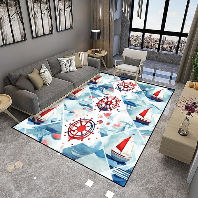 Watercolor Adventure Marine Pattern Drawing Rug - Anti-Slip Backing, Stain Resistant, Washable Accent, Non-Shedding Floor Carpet for Living Room Bedroom, 72 x 108 Inch - Image 4