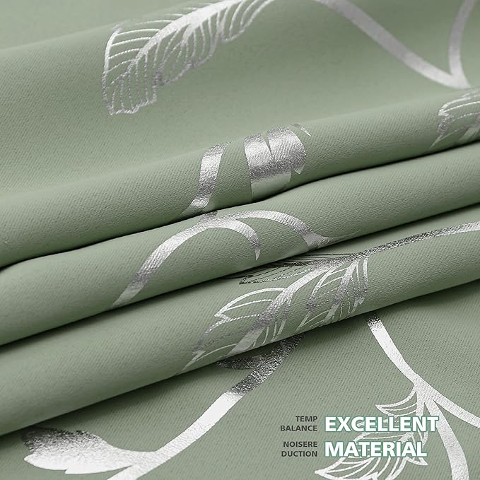 BUHUA Blackout Curtains Silver Foil Print Flower Vine Grommet Drapes, Room Darkening Thermal Insulated Curtains, Noise Reducing Curtain for Bedroom, Sage Green, 52Wx84L, 2 Panels - Image 6