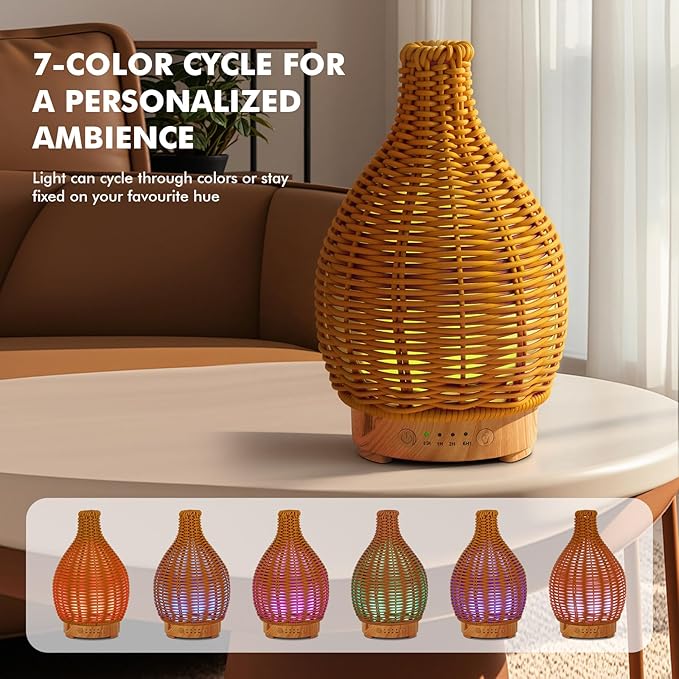 Boho Essential Oil Diffuser for Home -150ml Ultrasonic Fragrance Diffuser Humidifier Whisper Quiet Timer Setting 7 LED Colors Changing Lights for Home Office Decor & Gift (Handwoven) - Image 2