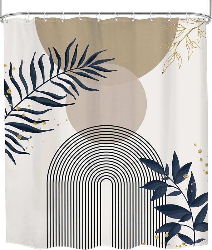 Boho Shower Curtain 60Wx72H Modern Mid Century Abstract Gold Leaves Bohemian Minimalist Geometric Arch Plant Botany Bathroom Decor Neutral Aesthetic Bath Curtain Fabric Polyester 12 Pack Hooks - Image 7