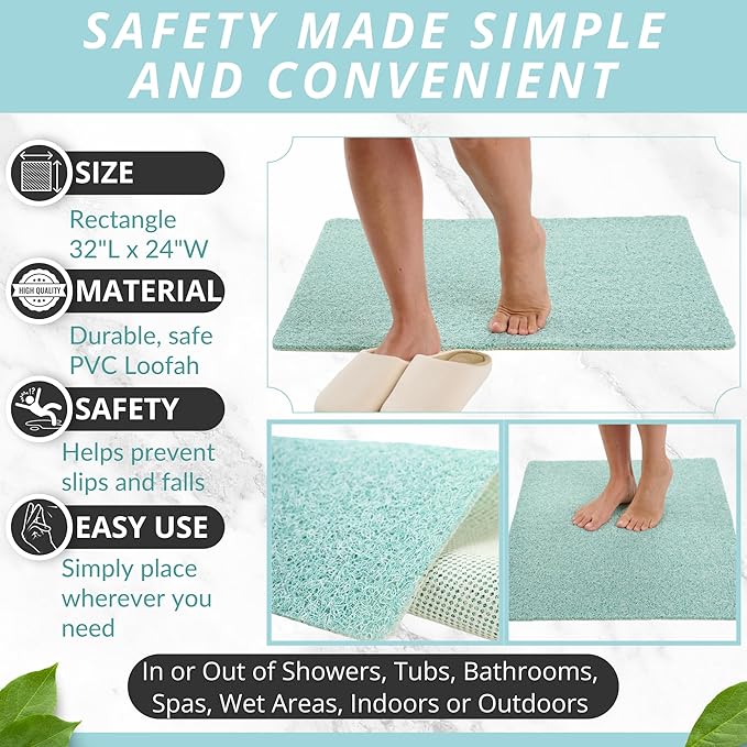 Enkosi Loofah Non-Slip Shower Mat - Shower Floors, Bathtub, Bathrooms, Wet Areas - Cushioned Bath Mat with Drain Holes - Quick Dry PVC, Secure Safety Pad Without Suction Cups (32x24 Aqua Green) - Image 3