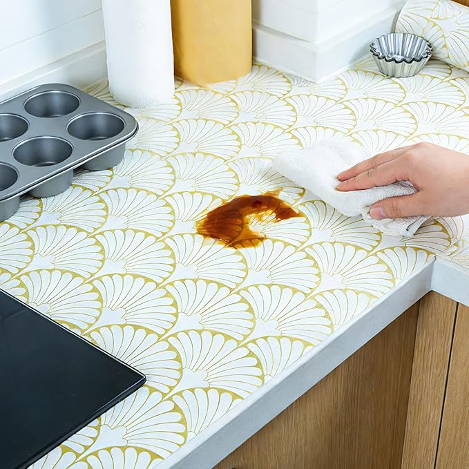 Shelf Liners Non Adhesive Gold Background White Fan-Shaped Pattern - Thickened Non-Slip Easy to Clean Drawer Liner for Kitchen Cabinets, Tool Box,Refrigerator,with Knife & Tape Measure,12in x 10FT - Image 8