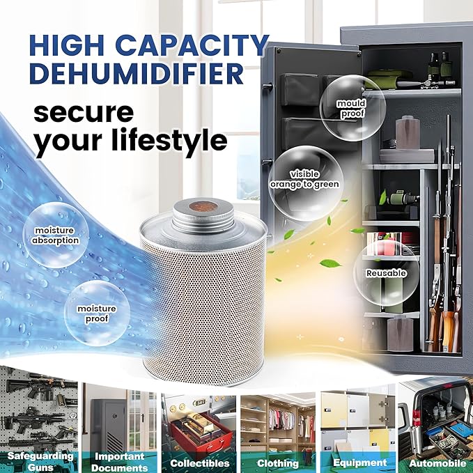 750 Grams Gun Safe Dehumidifier, 2 Pack Reusable Canister Desiccant Dehumidifier, Rechargeable 1.65 Lbs Indicating Silica Gel Orange to Green - Image 6