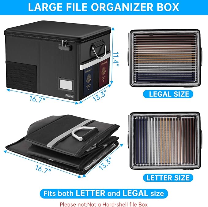 5200℉ Fireproof Document Box with Lock, Waterproof File Organizer with Handle, Portable Collapsible Filing Cabinet with Reflective Strip for Hanging Letter/Legal Folder, Black - Image 5