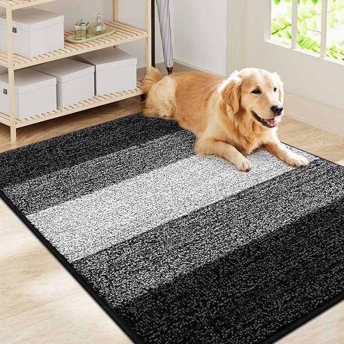 Smiry Dog Door Mat for Muddy Paws, Absorbs Moisture and Dirt, Low-Profile Entryway Mat with Non-Slip Backing, Entry Indoor Outdoor Doormat for Inside Floor (40x32 Inches, Black, Striped) by Smiry