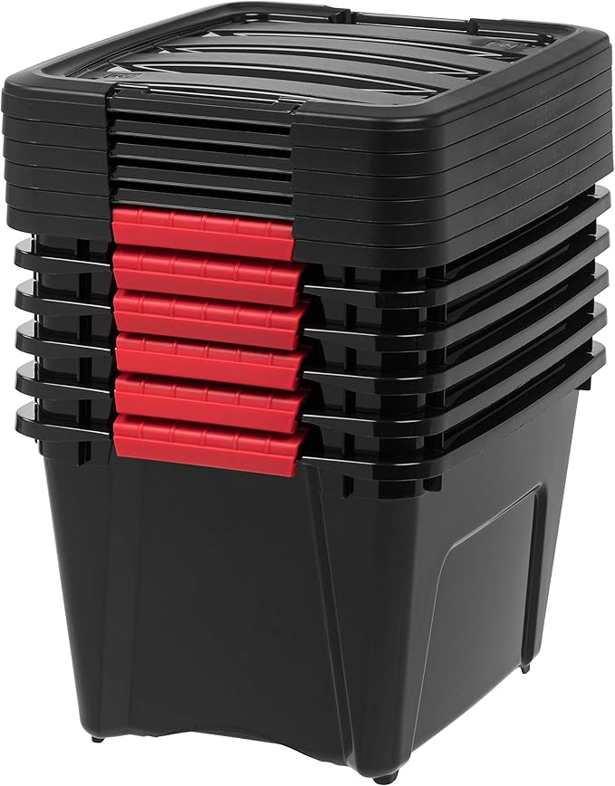 IRIS USA 19 QT Plastic Storage Box with Lid and Latches - 6 Pack - BPA-Free, Garage Organizing Solution, Durable Nestable Stackable Containers, Secure Pull Handle - Black - Image 7