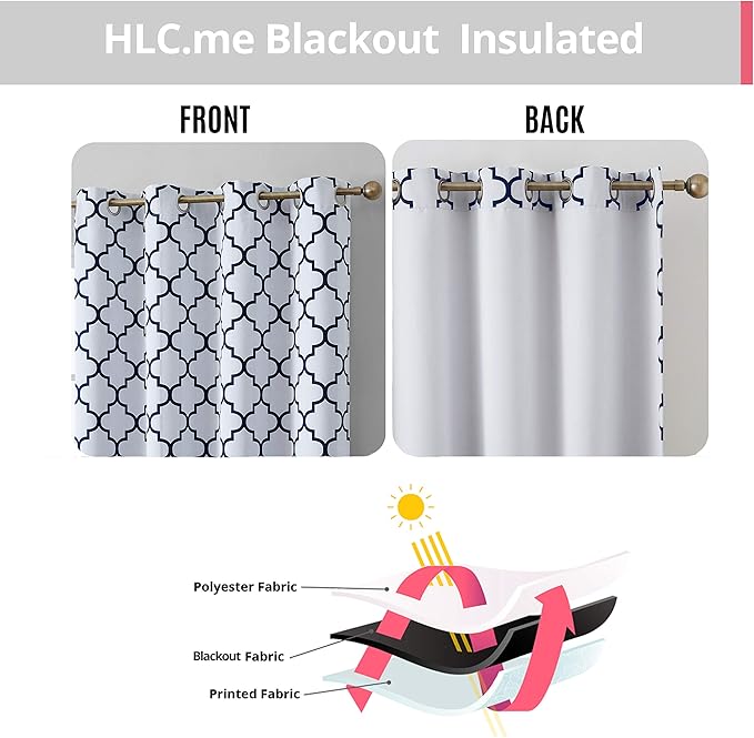 HLC.ME Lattice Print Design Blackout Thermal Curtains 63 Length - Weather Insulated - Light Blocking Blacking Window Grommet Curtain Panels for Bedroom - Platinum White & Navy Blue, 52 W x 63 L - Pair - Image 3