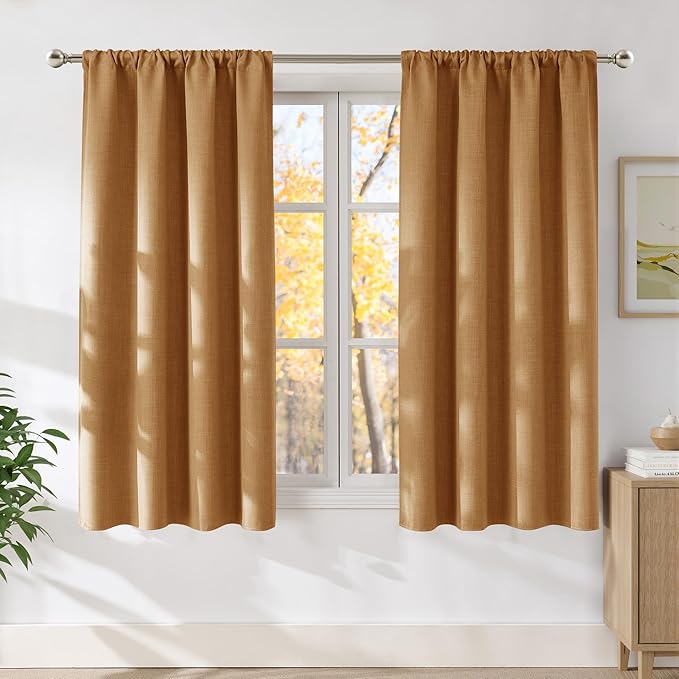 NICETOWN Gold Brown Faux Linen Room Darkening Rod Pocket Curtains 63 inch Length, W42 x L63, Light Blocking Thermal Insulated Noise Reducing Drapes for Bedroom Living Room Farmhouse Decor, 2 Panels by NICETOWN