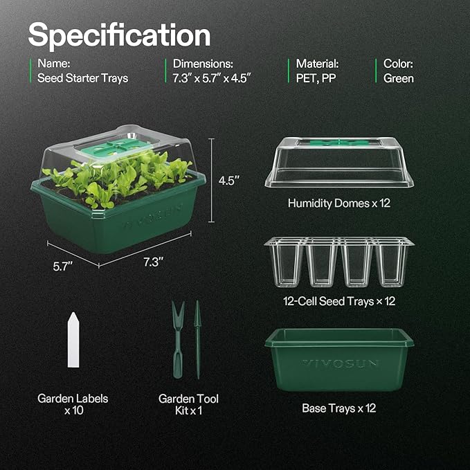 VIVOSUN 12-Pack Seed Starter Trays, 144-Cell Seed Starter Kit with Humidity Dome, Flat Reusable Plant Germination Trays with Drain Hole, Green Propagation Tray for Planting Seeds - Image 9