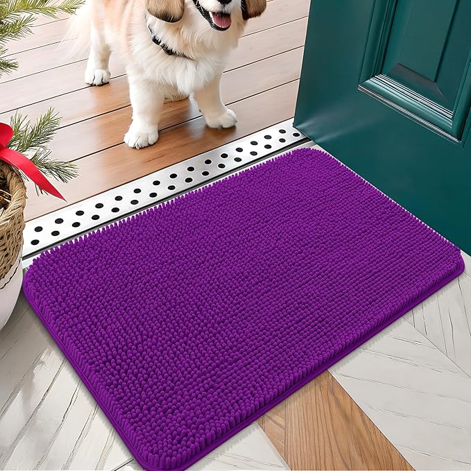 OLANLY Dog Door Mat for Muddy Paws 30x17, Absorbs Moisture and Dirt, Absorbent Non-Slip Washable Doormat, Quick Dry Chenille Mud Mat for Dogs, Entry Indoor Entryway Carpet for Inside Floor, Purple by OLANLY