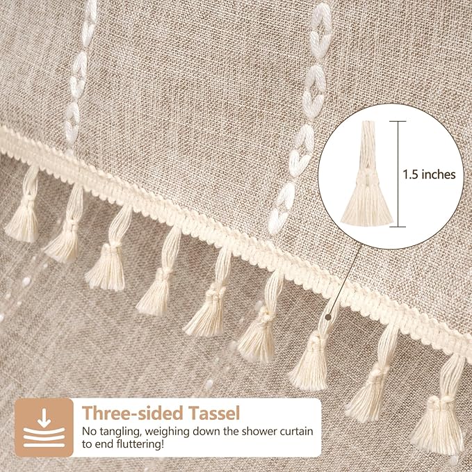 Boho Farmhouse Shower Curtain Heavyweight with Tassels, 72 x 76 Inch Extra Long Taupe Linen Textured Fabric Shower Curtain for Bathroom, Tan and White Striped Bath Décor Curtain Water Repellent - Image 4