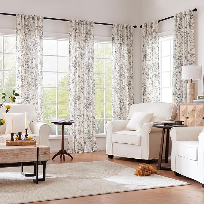 jinchan Linen Blend Curtain Floral Curtains for Living Room 120 Inch Length Black Printed Curtain Rod Pocket Back Tab Farmhouse Peony Flower Patterned Drapes Bedroom Window Curtains Set 2 Panels - Image 2