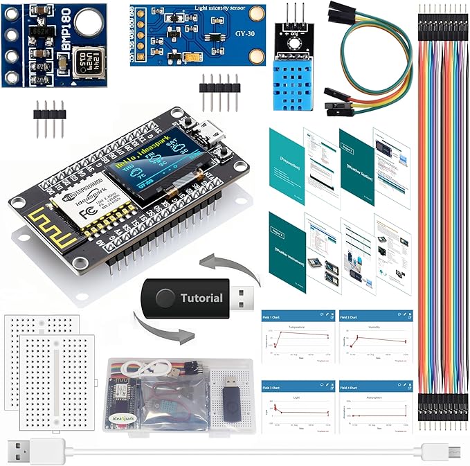 ESP8266 Weather Station and Weather Instrument Kit,NodeMCU ESP8266 Integrated 0.96'' OLED Board DHT-11 Temperature Humidity BMP-180 Atmospheric Pressure BH1750 Light Sensor for Arduino IoT Starter by ideaspark