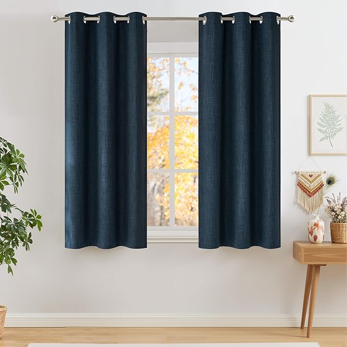 NICETOWN Short Faux Linen Navy Blue Blackout Curtains 63 inches Long for Kitchen - Privacy Panels for Living Room Bedroom, Modern Farmhouse Style Easy Care Grommet Top, 2 Panels, W42 by L63 by NICETOWN