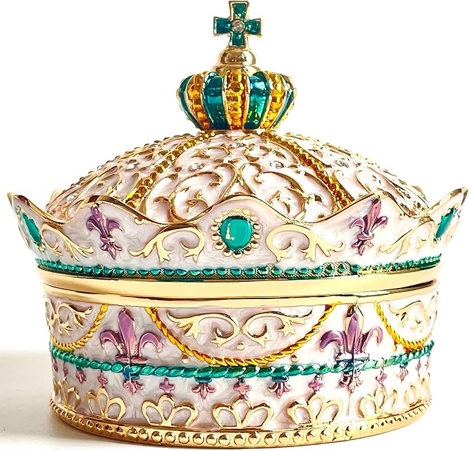 Crown Shape Jewelry Chest,Yurt Style Vintage Metal Gem Box,Round Alloy Retro Patterned Storage Case (Golden White, M) by Unknown