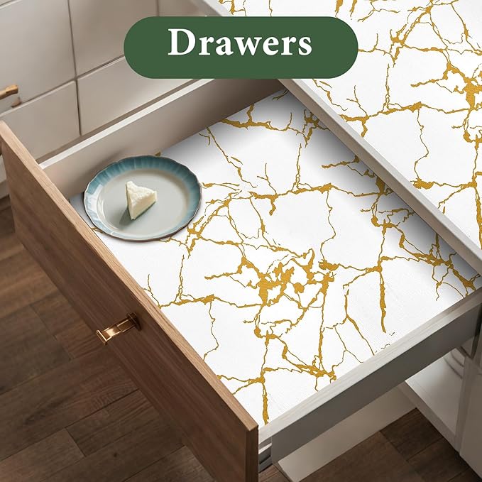 Drawer and Shelf Liner for Kitchen Cabinet Non Slip Waterproof Shelf Paper 12 in X 20 Ft Non Adhesive Refrigerator Liners Gold White Marble Easy Liners for Bathroom Cupboard - Image 3