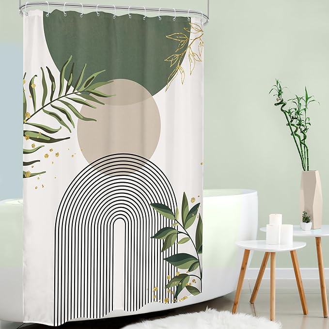 Small Stall Green Boho Shower Curtain 54Wx78H Rv Modern Bohemian Abstract Sage Green Gold Leaves Plant Minimalist Narrow Half Bathroom Decor Geometric Bath Curtain Fabric Polyester 12 Pack Hook - Image 3
