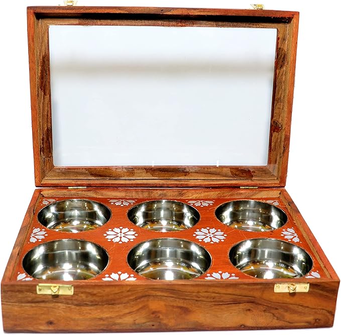 Wooden Spice Box Multipurpose Utility Table Top Glass Top Masala Dabba Containers Jars Cum Kitchen & Dry Fruit Box by NAVIROCK