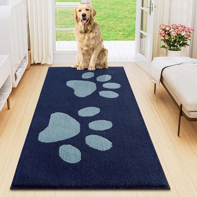 Smiry Dog Door Mat for Muddy Paws, Absorbs Moisture and Dirt, Low-Profile Entryway Mat with Non-Slip Backing, Entry Indoor Outdoor Doormat for Inside Floor (47x24 Inches, Dark Blue, Paw) by Smiry