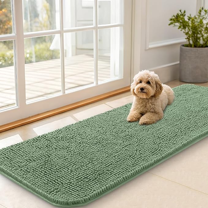 OLANLY Dog Door Mat for Muddy Paws 59x20, Absorbs Moisture and Dirt, Absorbent Non-Slip Washable Doormat, Quick Dry Chenille Mud Mat, Entry Indoor Entryway Carpet for Inside Floor, Olive Green by OLANLY