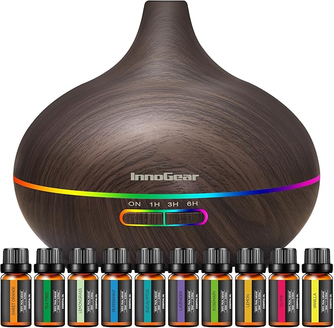 InnoGear Aromatherapy Diffuser & 10 Essential Oils Set, 400ml Diffuser Ultrasonic Diffuser Cool Mist Humidifier with 4 Timers 7 Colors Light Waterless Auto Off for Valentine's Gift, Dark Wood Grain by InnoGear
