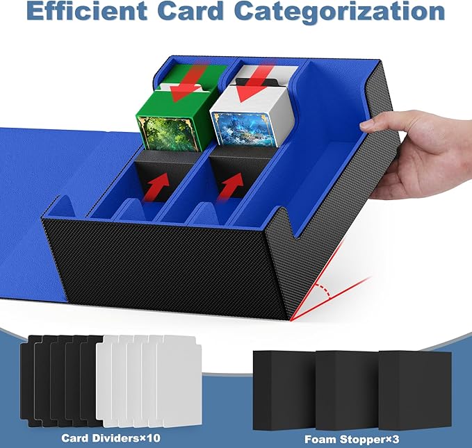 Mlikero Card Deck Case, 1800+ Trading Card Storage Box with 10 Dividers and 3 Foam Stoppers, Leather Magnetic Closure Commander Deck Box Fit for YuGiOh, MTG and Sport Cards(Black&Blue) - Image 3