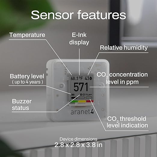 SAF Aranet4 Home: Wireless Indoor Air Quality Monitor for Office or School (CO2, Temperature, Humidity and More) Portable, Battery Powered, E-Ink Screen, App for Configuration & Data History - Image 3