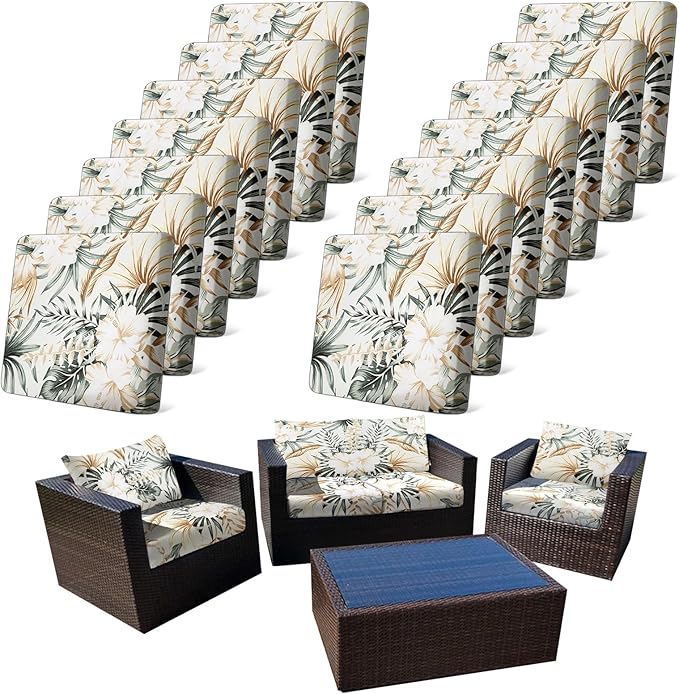 14Pcs Stretch Patio Cushion Cover, Tropical Floral and Leaf Pattern Sofa Covers for Patio Furniture Cushions Washable Reusable Couch Covers Replacement for All Season(Cover Only) by CALBODE