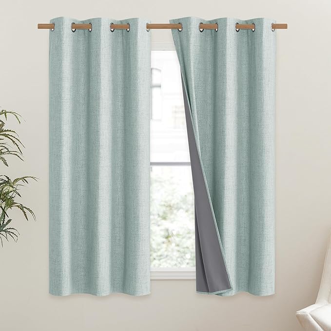 NICETOWN 100% Absolutely Blackout Linen Curtains with Thermal Insulated White Liner, Seafoam Green, 42 inches Wide, 63 inches Length Energy Saving Curtains for Kitchen 2 Panels Set, Vertical Blinds - Image 2