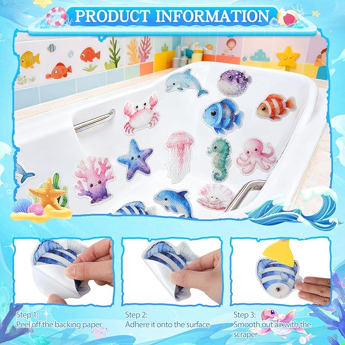32 Pcs Cute Non Slip Bathtub Stickers for Shower Colorful Bathroom Anti Slip Shower Stickers Floor Applique Adhesive Decals with Scraper for Bathtub Bathroom Floor Pools(Sea) - Image 3