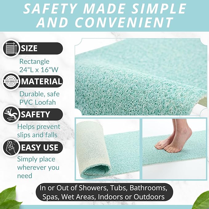 ENKOSI Loofah Non-Slip Shower and Bath Mat - Soft Cushioned Comfort - No Suction Cups for Smooth or Textured Tubs - Fast Draining - Safety for Bathroom, Family, Kids, and Elderly (24x16 Aqua Green) - Image 2