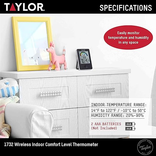 Taylor Digital Wireless Indoor Comfort Level Thermometer and Hygrometer, Easy-to-Read Display for Home, Office, Greenhouse, Nursery, and Indoor Areas, Black - Image 7