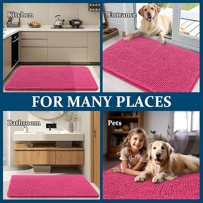OLANLY Dog Door Mat for Muddy Paws 45x27, Absorbs Moisture and Dirt, Absorbent Non-Slip Washable Doormat, Quick Dry Chenille Mud Mat for Dogs, Entry Indoor Entryway Carpet for Inside Floor, Hot Pink - Image 8