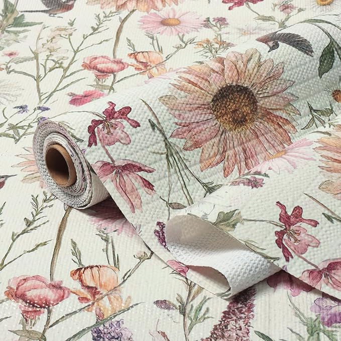 Floral Drawer and Shelf Liner for Kitchen Cabinets Non-Adhesive Drawer Liner Non-Slip Daisy Shelf Liners Strong Grip Waterproof Easy to Clean Cabinet Liners for Dresser Cupboard 12IN × 16.4FT by Vuacepe