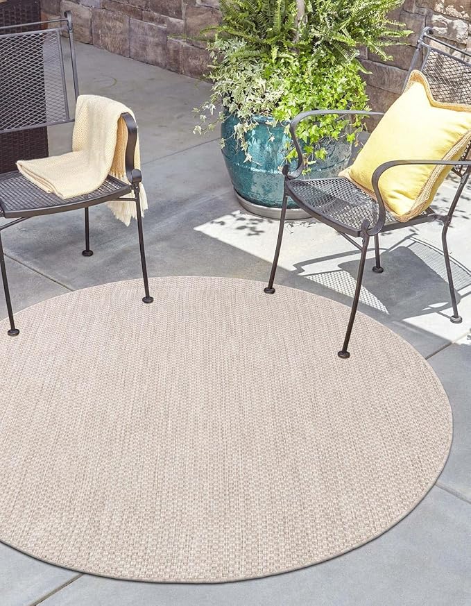 Unique Loom Outdoor Solid Collection Area Rug (7' 10" Round Beige/Ivory) by UniqueLoom