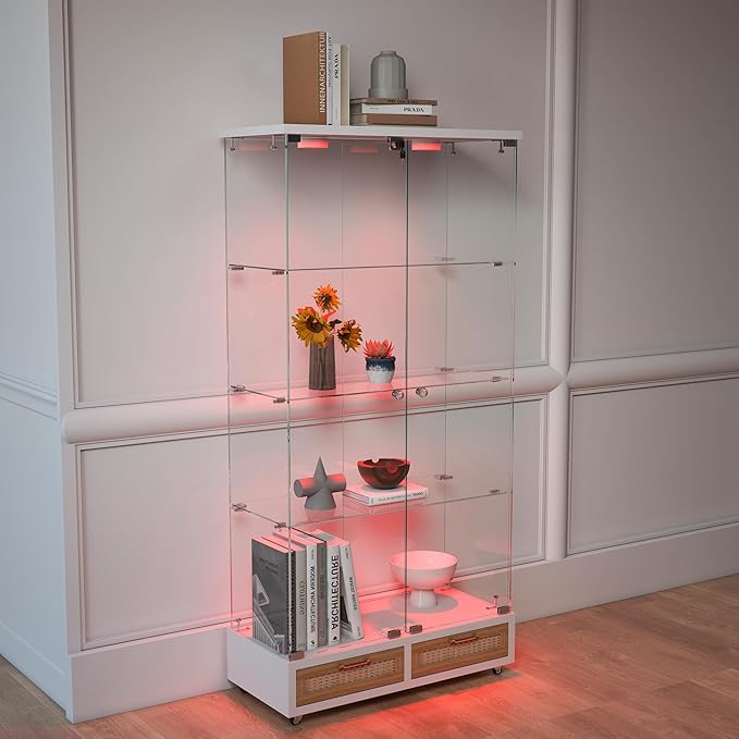 Yoluckea 4-Tier Glass Display Cabinet with LED Lighting and 2 Drawers, 2-Door Floor Standing Curio Cabinet with Wheel for Home, Office, Corner Display, White Glass Bookshelf for Collections and Decor - Image 9