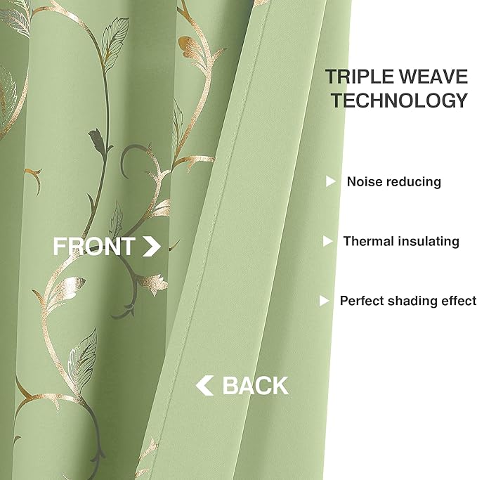 BUHUA Blackout Curtains Gold Foil Print Flower Vine Grommet Drapes, Room Darkening Thermal Insulated Curtains, Noise Reducing Curtain for Bedroom, Grass Green, 52Wx84L, 2 Panels - Image 5