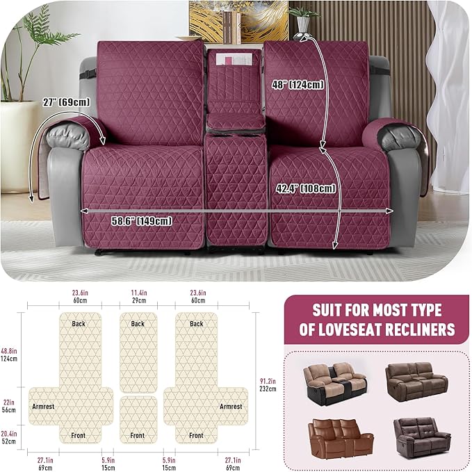 TAOCOCO 100% Waterproof Loveseat Recliner Cover with Console, Non-Slip Washable Reclining Couch Cover for 2 Seats, Furniture Protector for Dogs, Wine - Image 3